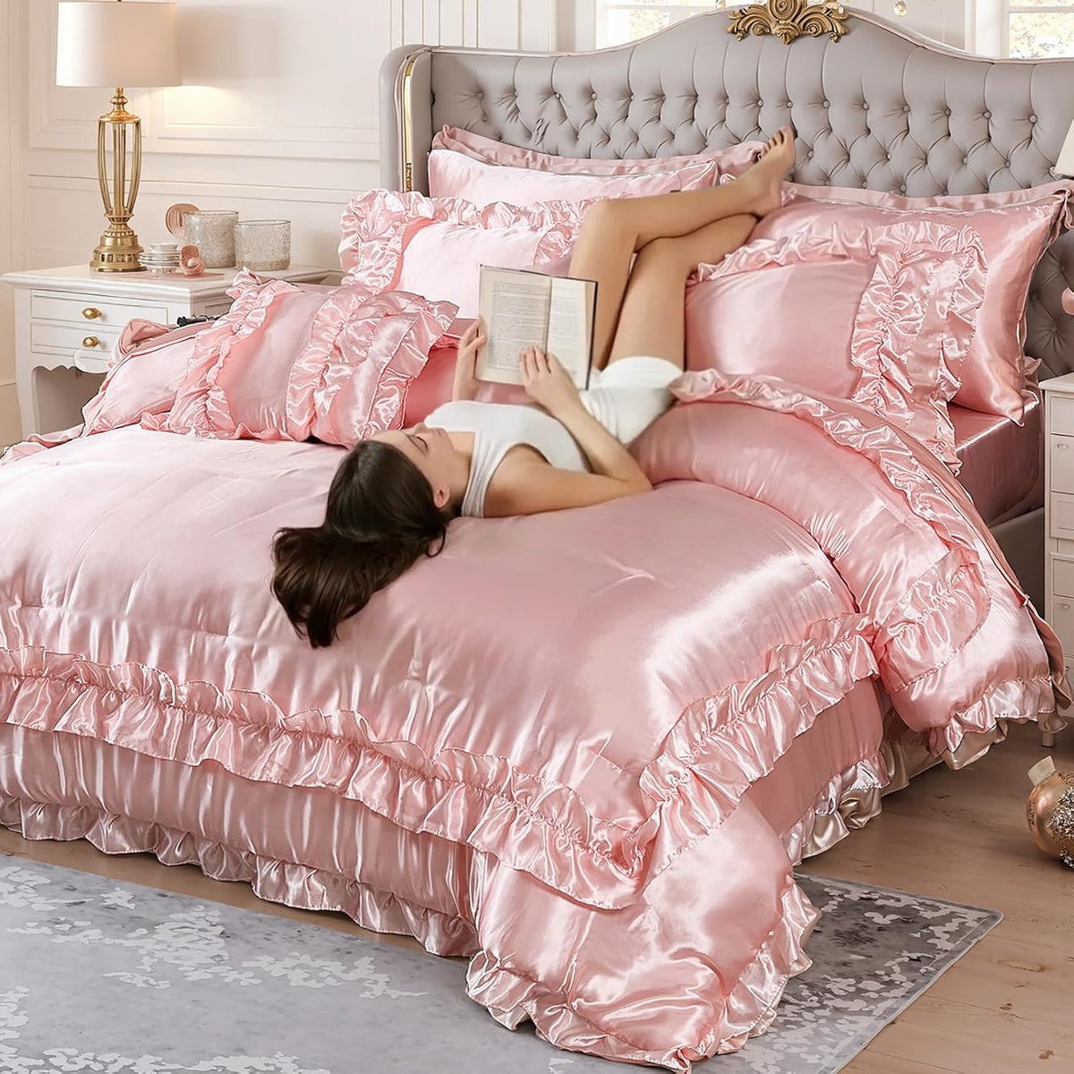 MOVE OVER Satin Comforter King Size 8 Pieces Pink Silky Satin Comforter Set with Sheet Set Luxurious Pink Ruffled Bedding Comforter Set Super Silky Soft Silk Like Satin Bed Set for All Season
