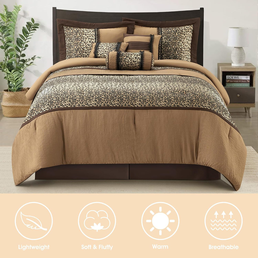 LANCO MODERN LIFESTYLE 7 Piece Full Comforter Set, Brown Leopard Print, Jacquard with Solid Microfiber, All Season Elegant Bedding Set, Include Comforter, Bedskirt, Pillow Shams and Decor Pillows