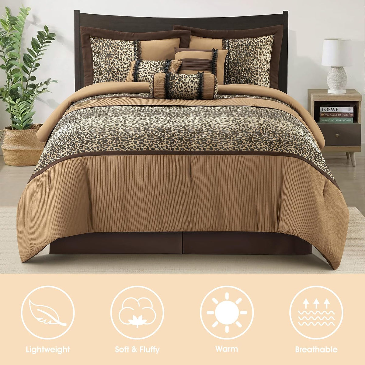LANCO MODERN LIFESTYLE 7 Piece Full Comforter Set, Brown Leopard Print, Jacquard with Solid Microfiber, All Season Elegant Bedding Set, Include Comforter, Bedskirt, Pillow Shams and Decor Pillows