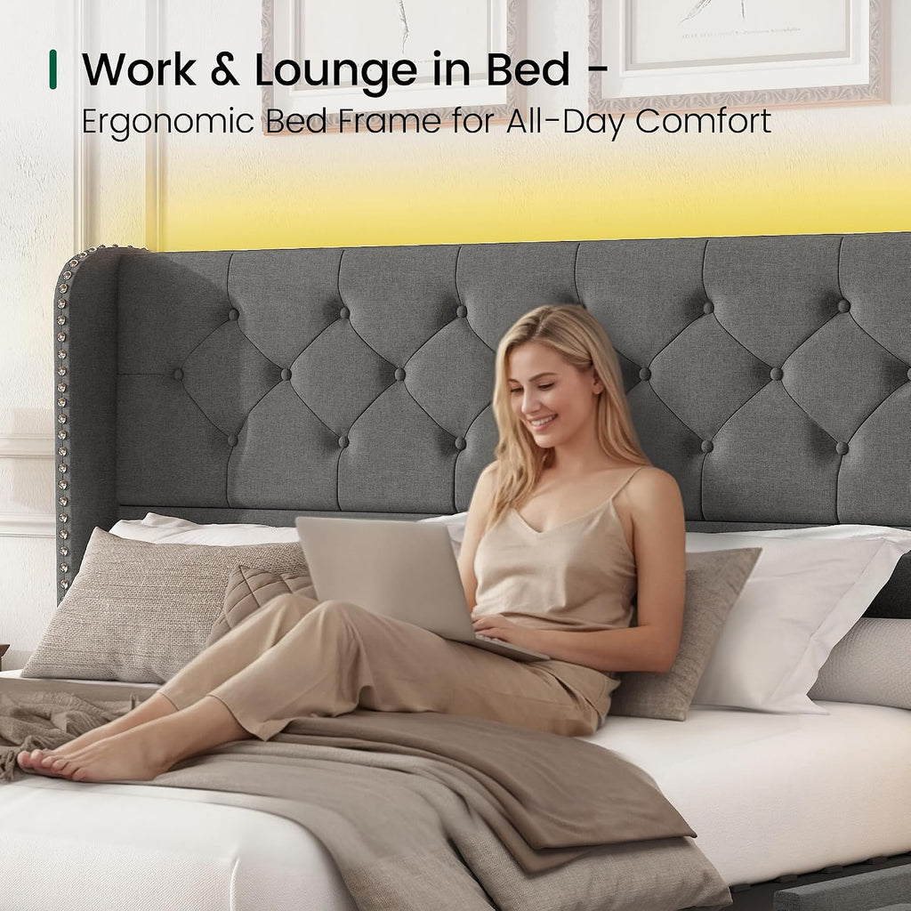 LARMACE Queen Size Bed Frame with LED Lights and 4 Storage Drawers Linen Upholstered Platform Bed Frame with 47.2' Tall Tufted Headboard Wingback, No Box Spring Needed, Easy to Assemble, Grey