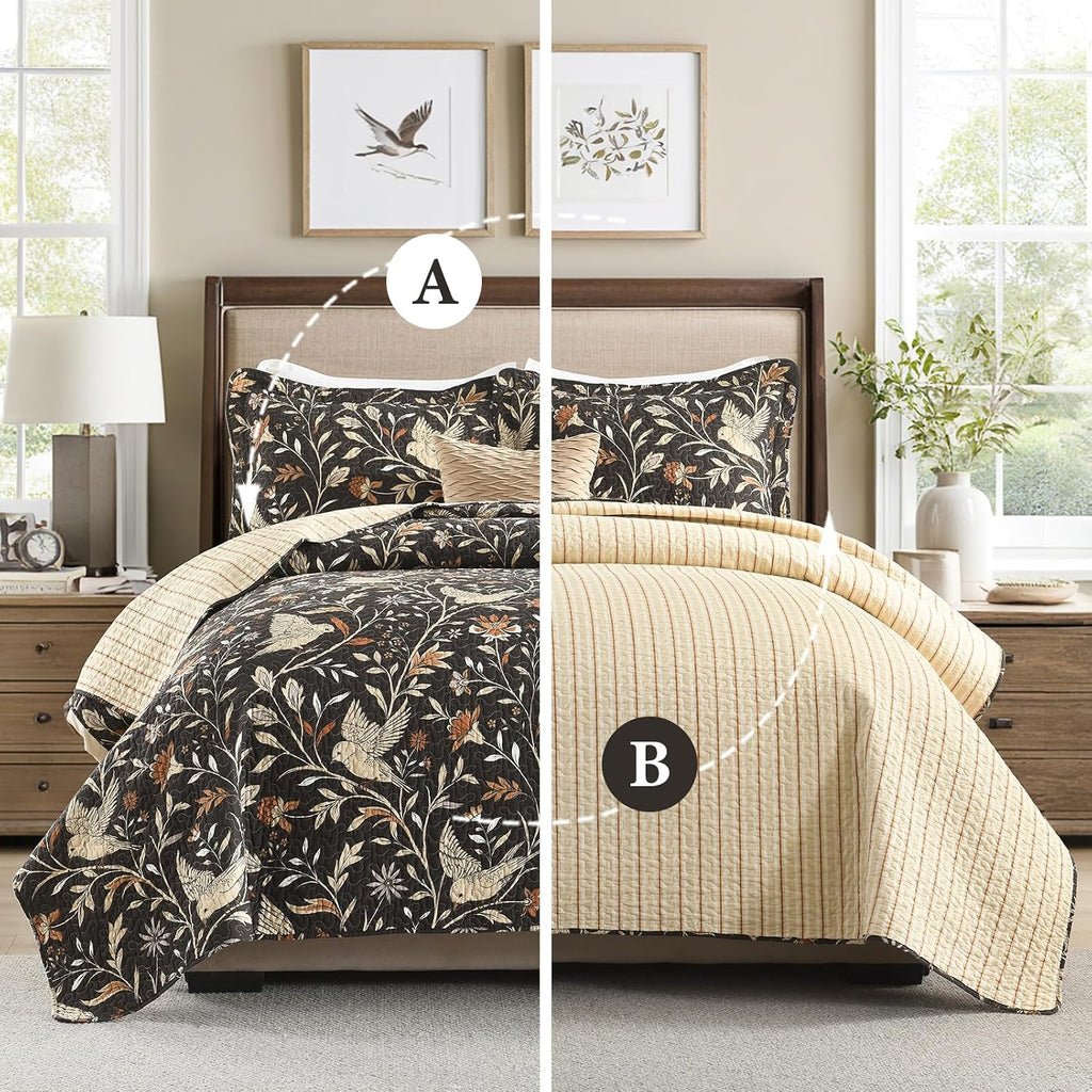 Uniclinens Botanical Quilts Queen Size, 100% Cotton Quilt Bedding Set Vintage Bird Pattern Queen Bedspread, Chic Lightweight Quilted Comforter Coverlet Set, 3 Pieces, All Season, Chocolate Brown/Beige