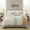 Finlonte Quilts Queen Size, 100% Cotton Queen Comforter Set, Brown Grey Farmhouse Quilted Bedspread, Patchwork Lightweight Reversible Quilt Bedding Set for Queen Bed, 3-Pieces