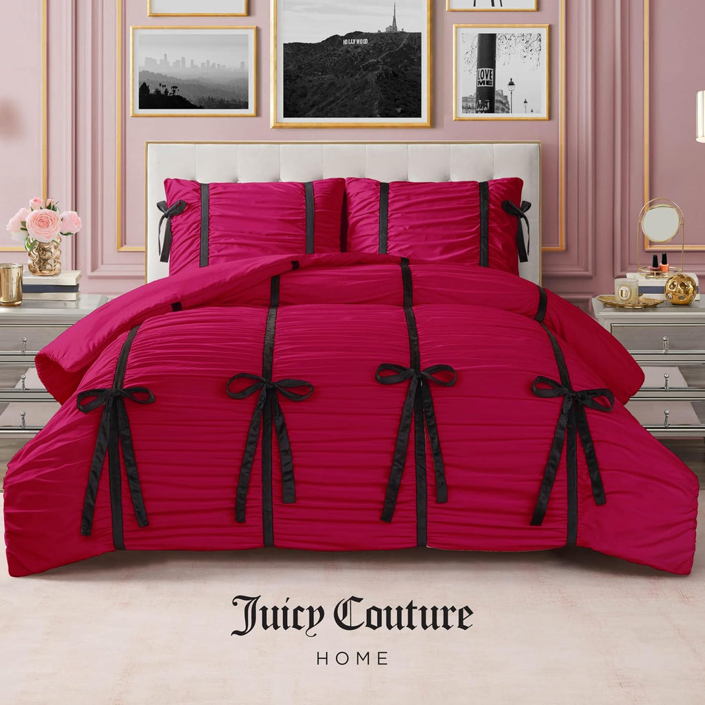 Juicy Couture Hot Pink Amelie Velvet Bows Ruched Queen/Full Comforter Set - 3 Piece Stylish Bedding Ensemble