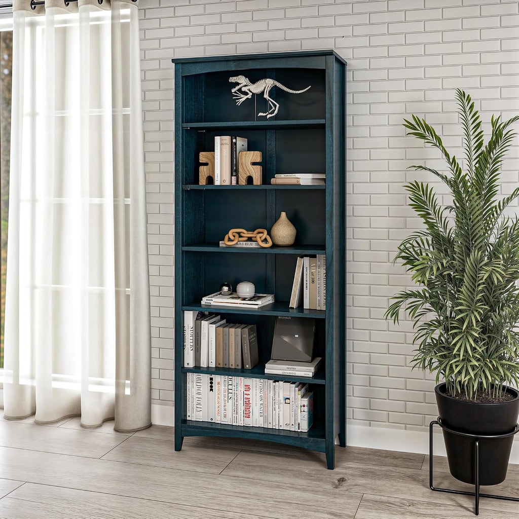 Camaflexi Shaker Style 6 Shelf Bookcase/Solid Wood / 72' High/Adjustable Shelving/Closed Back/Display Bookshelf for Living Room, Bedroom, Home and Office, Deep Ocean Blue
