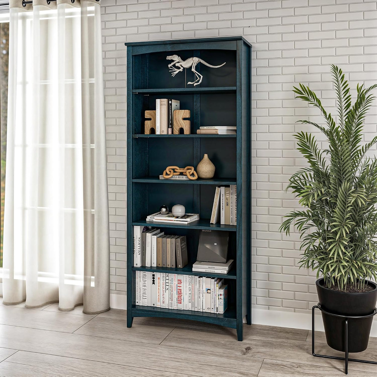 Camaflexi Shaker Style 6 Shelf Bookcase/Solid Wood / 72' High/Adjustable Shelving/Closed Back/Display Bookshelf for Living Room, Bedroom, Home and Office, Deep Ocean Blue