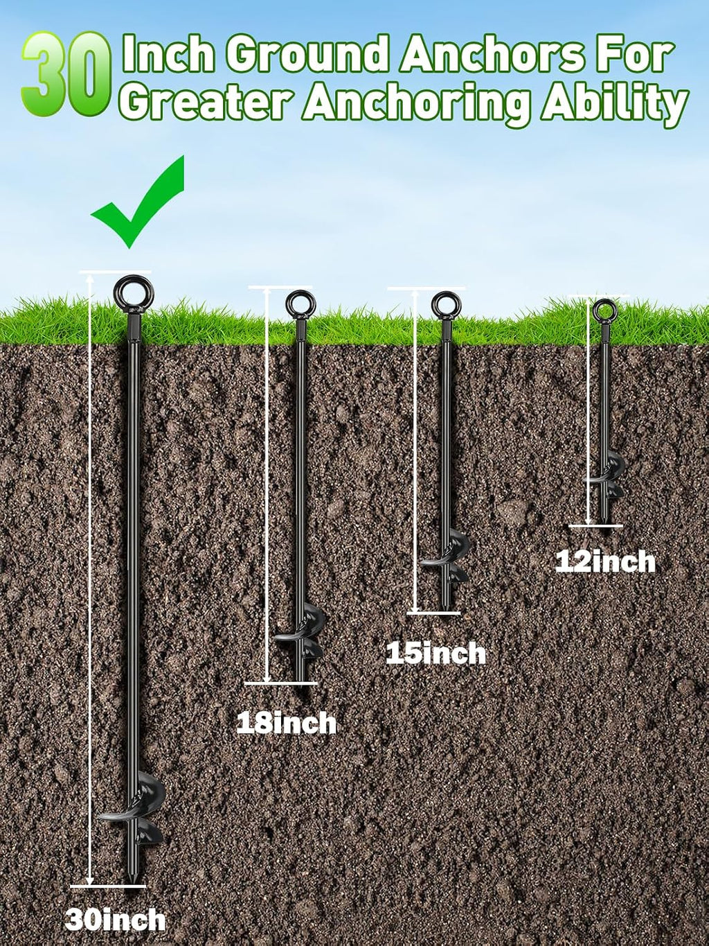 12 Pcs 30' Long Ground Anchors Shed Anchors Kit with 3/16' Galvanized Cable & Turnbuckles & Carabiners, Heavy Duty Earth Anchors for Sheds Trees Trampoline Greenhouse Swing Set Tent.