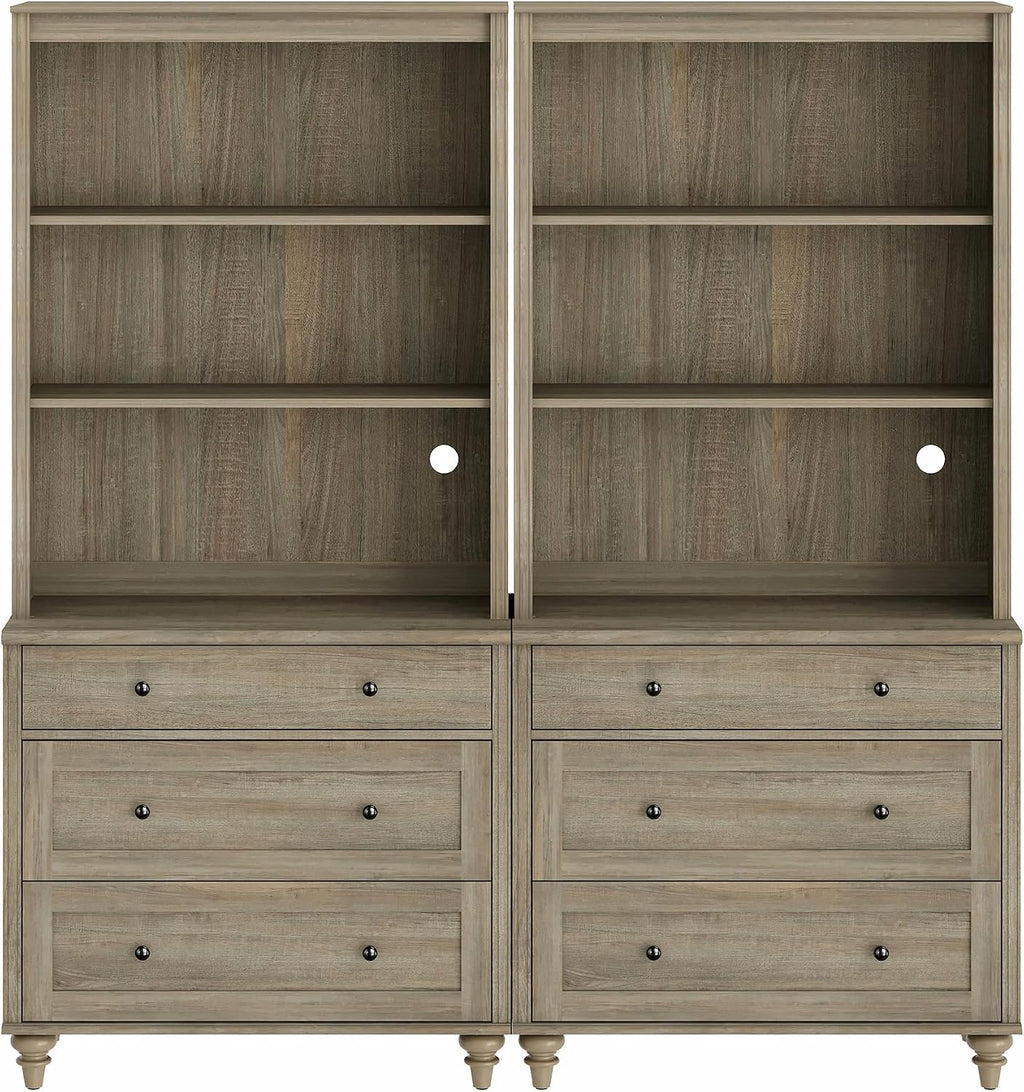 WAMPAT 3 Tier Bookshelf with 6 Wooden Drawers, 72' Tall Large Farmhouse Display Bookcase with Open Book Shelves, Mid Century Style Bookshelves for Living Room, Bedroom, Study Room, Wash Grey (2PCS)