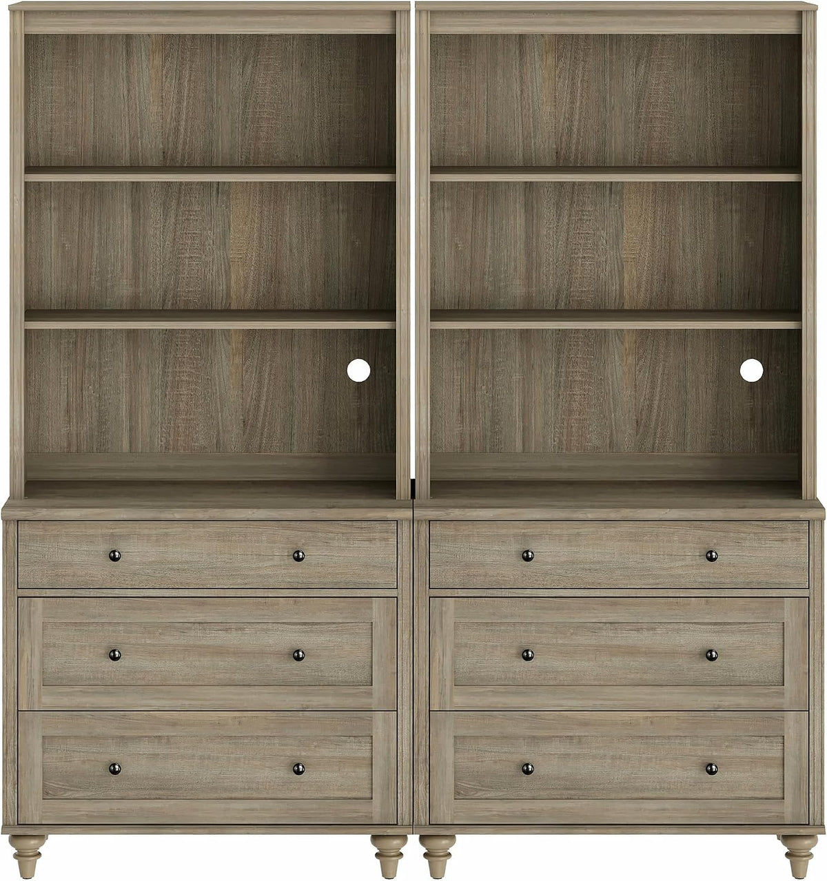 WAMPAT 3 Tier Bookshelf with 6 Wooden Drawers, 72' Tall Large Farmhouse Display Bookcase with Open Book Shelves, Mid Century Style Bookshelves for Living Room, Bedroom, Study Room, Wash Grey (2PCS)