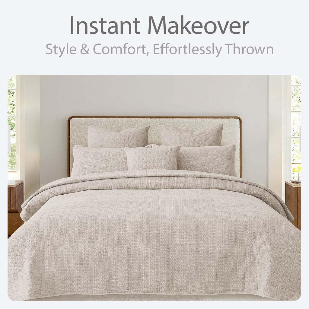 90x92 Queen Size Quilt Set with Pillow Shams Quilted Bedding Cover Ultra Soft Bedspread 3 Pieces Lightweight Soft Blanket for Home Decor,Khaki