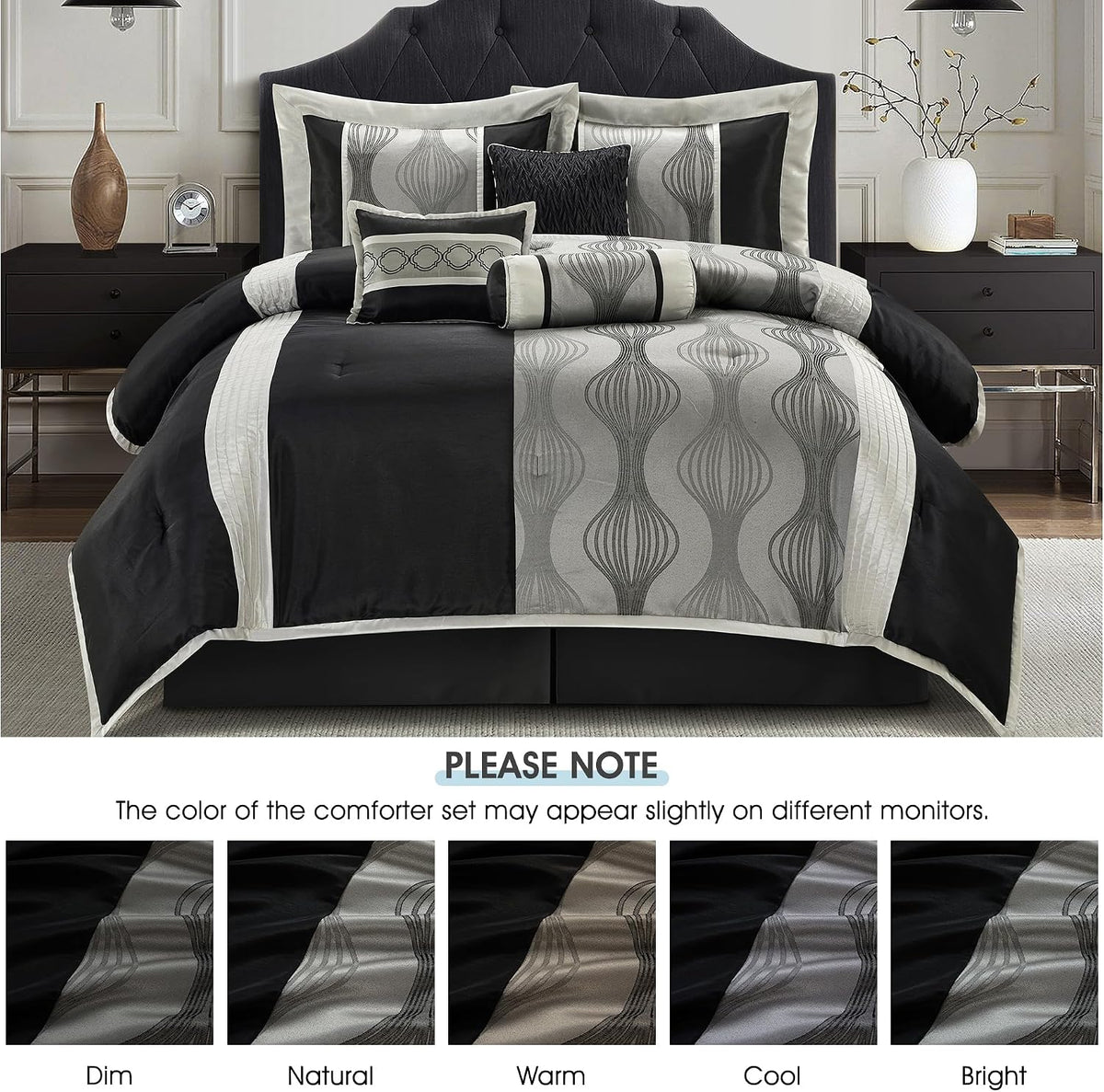 LANCO MODERN LIFESTYLE King Comforter Set, Black Silver, 15 Pieces Room in a Bag, Ultra Soft Jacquard with Patchwork, Luxury Bed Set with Sheets, Curtains, Bed Skirt, Pillow Shams, Cases and Pillows