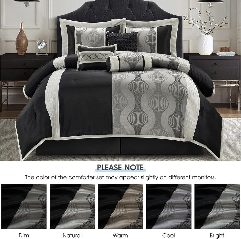 LANCO MODERN LIFESTYLE California King Comforter Set, Black Silver, 15 Pieces Room in a Bag, Jacquard with Patchwork, Luxury Bed Set with Sheets, Curtains, Bed Skirt, Pillow Shams, Cases and Pillows