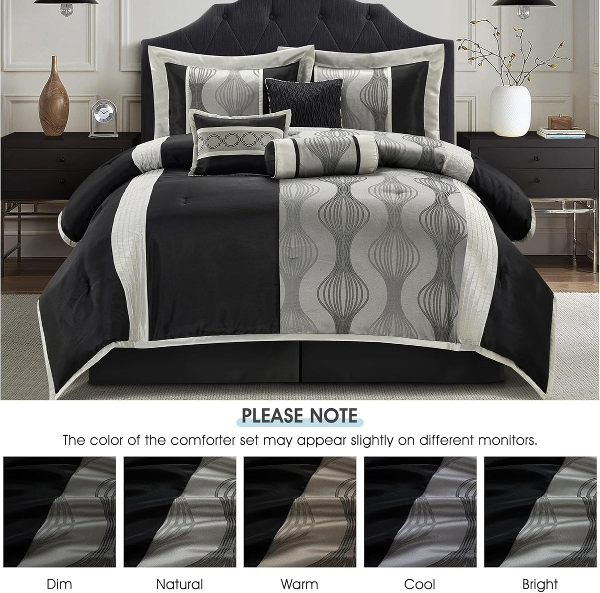 LANCO MODERN LIFESTYLE California King Comforter Set, Black Silver, 15 Pieces Room in a Bag, Jacquard with Patchwork, Luxury Bed Set with Sheets, Curtains, Bed Skirt, Pillow Shams, Cases and Pillows