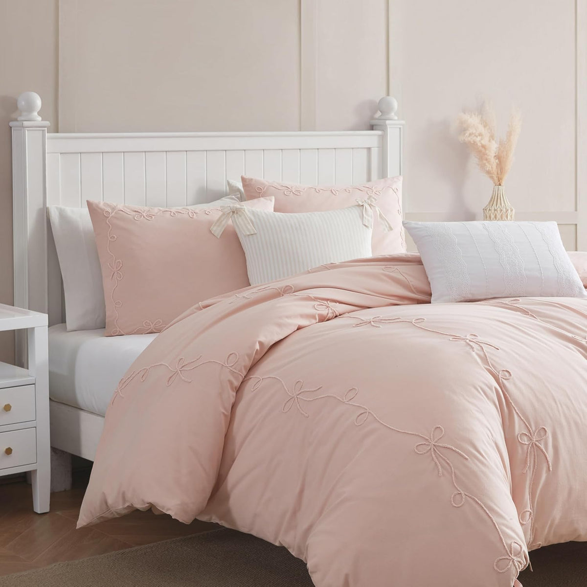 Peri Home Bows Duvet Cover Set 100% Cotton 3-Piece Bedding, Full/Queen, Blush Pink Sasha Bows