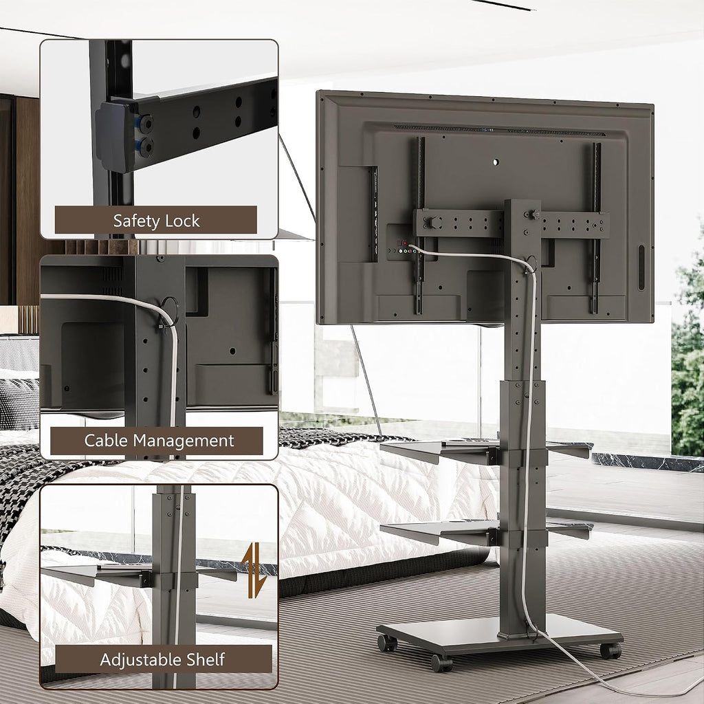 FITUEYES Rolling TV Stand for 32-75 Inch TVs - Height Adjustable Portable TV Stand on Wheels, 20 Degree Left/Right Swivel and 90 Degree Vertical and Horizontal Rotation up to 88lbs