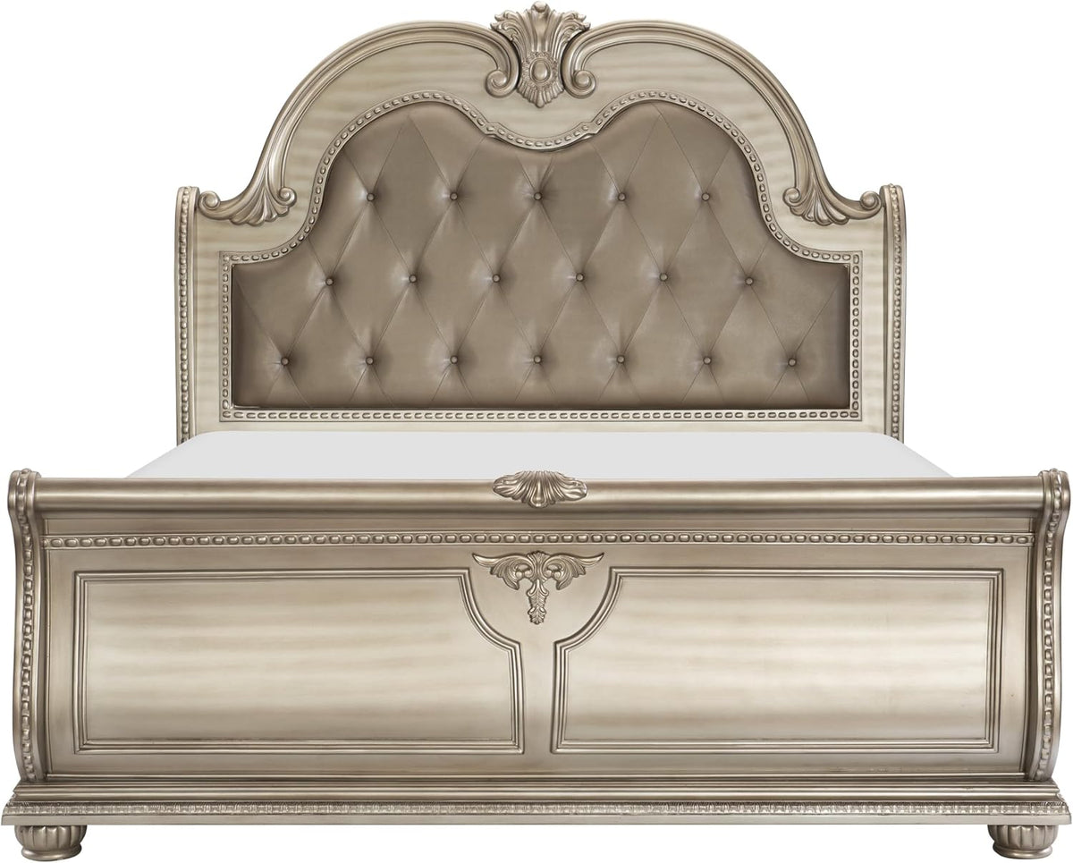 Classic Traditional Bedroom 4pc Set King Size Upholstered Bed Silver Finish Marble Top Formal Wooden Furniture