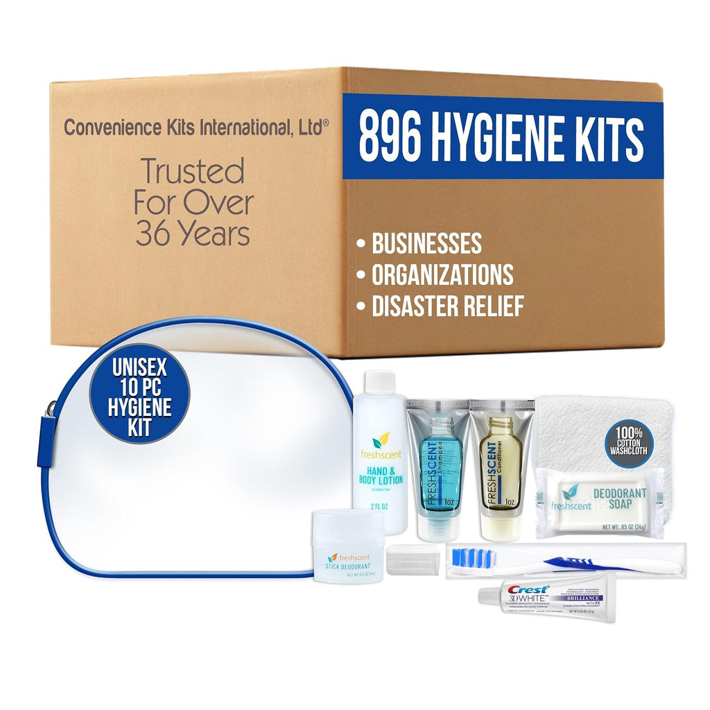 Convenience Kits International Unisex 10 Piece Hygiene Travel Kit with Shampoo, Conditioner, Lotion, Soap, Deodorant, Crest Toothpaste, Toothbrush, Cotton Washcloth (896 Kits)