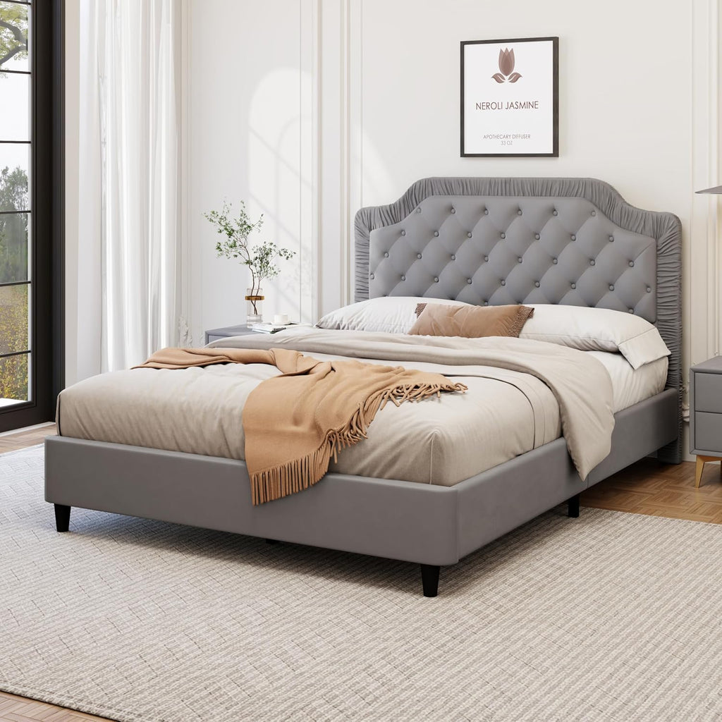 2-Pieces Bedroom Sets, King Size Tufted Velvet Upholstered Platform Bed with Storage Ottoman Bench for Kids Teens Adult Bedroom, Wood Slat Support, No Box Spring Needed (Gray-012)