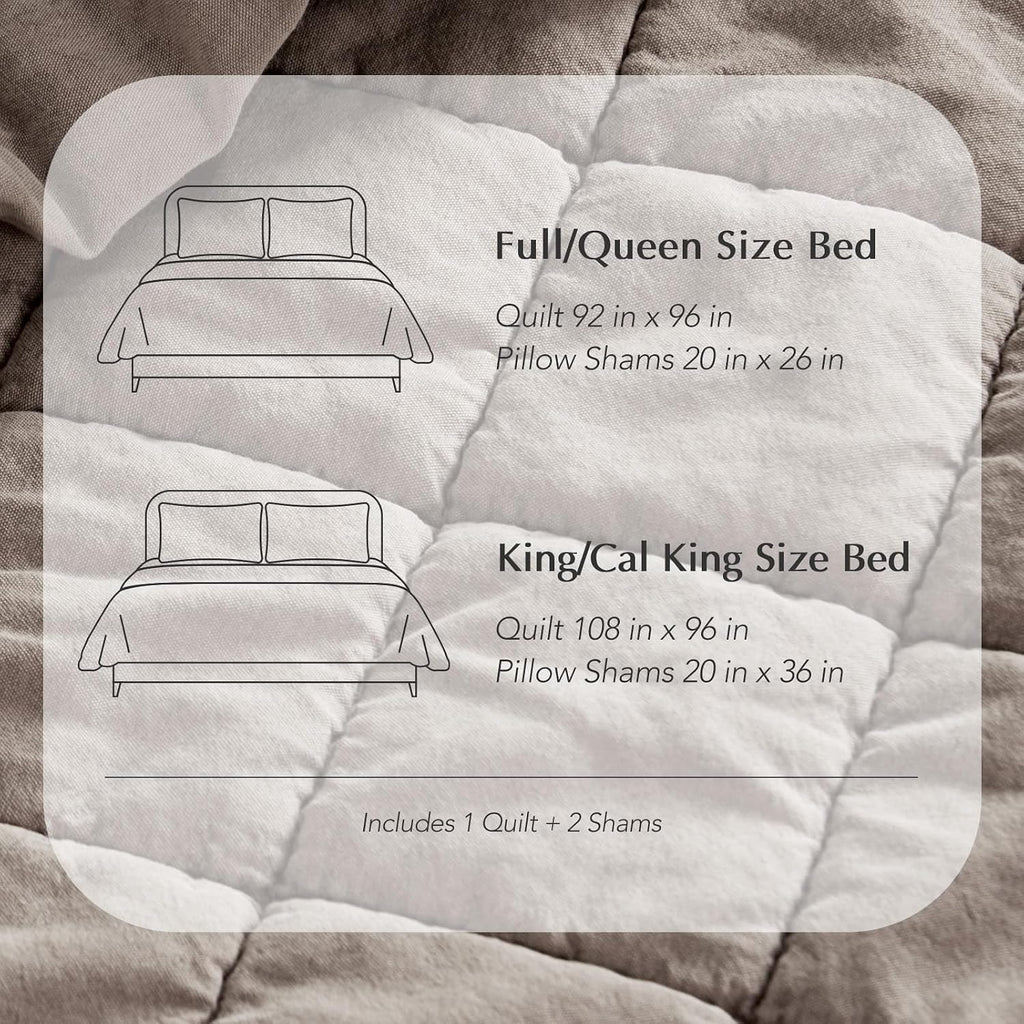 EVERGRACEHOME Stonewashed Cotton Quilt Set King Size, Ultra Soft Oversized Bedspread Coverlet Set, Lightweight Crinkle Box Stitch Bedding Sets for All Season, with 2 Shams, Truffle Taupe Brown