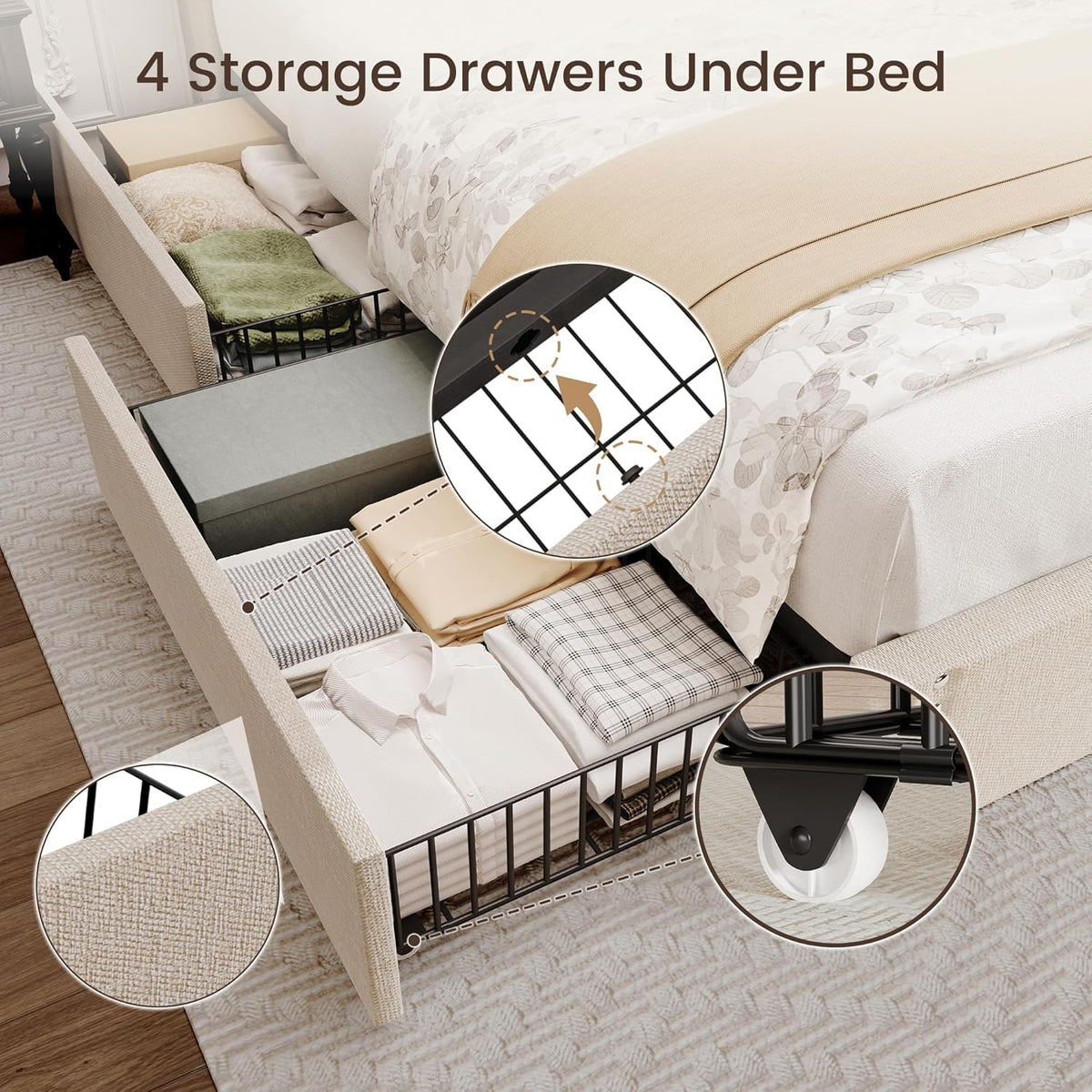 BRELTAM King Size Bed Frame with 4 Storage Drawers and Tufted Headboard Linen Upholstered Platform Bed Frame with Heavy Duty Wood Slats, No Box Spring Needed, Beige