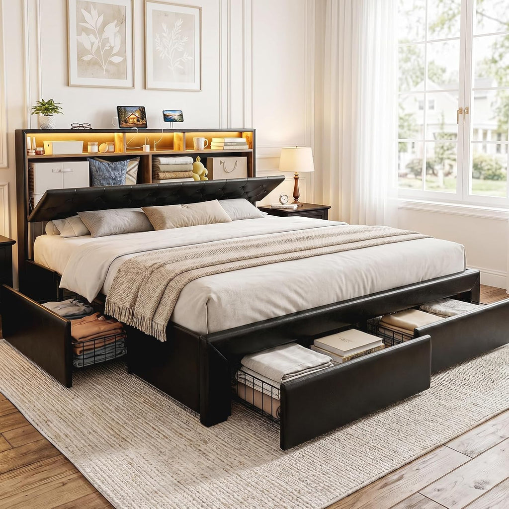 IKIFLY California King Bed Frames with 4 Drawers & Hidden Storage Headboard, Upholstered Cal King LED Platform Bed with Type-C Charging Station, No Box Spring Needed, Wood Slats, Noise Free (Black)