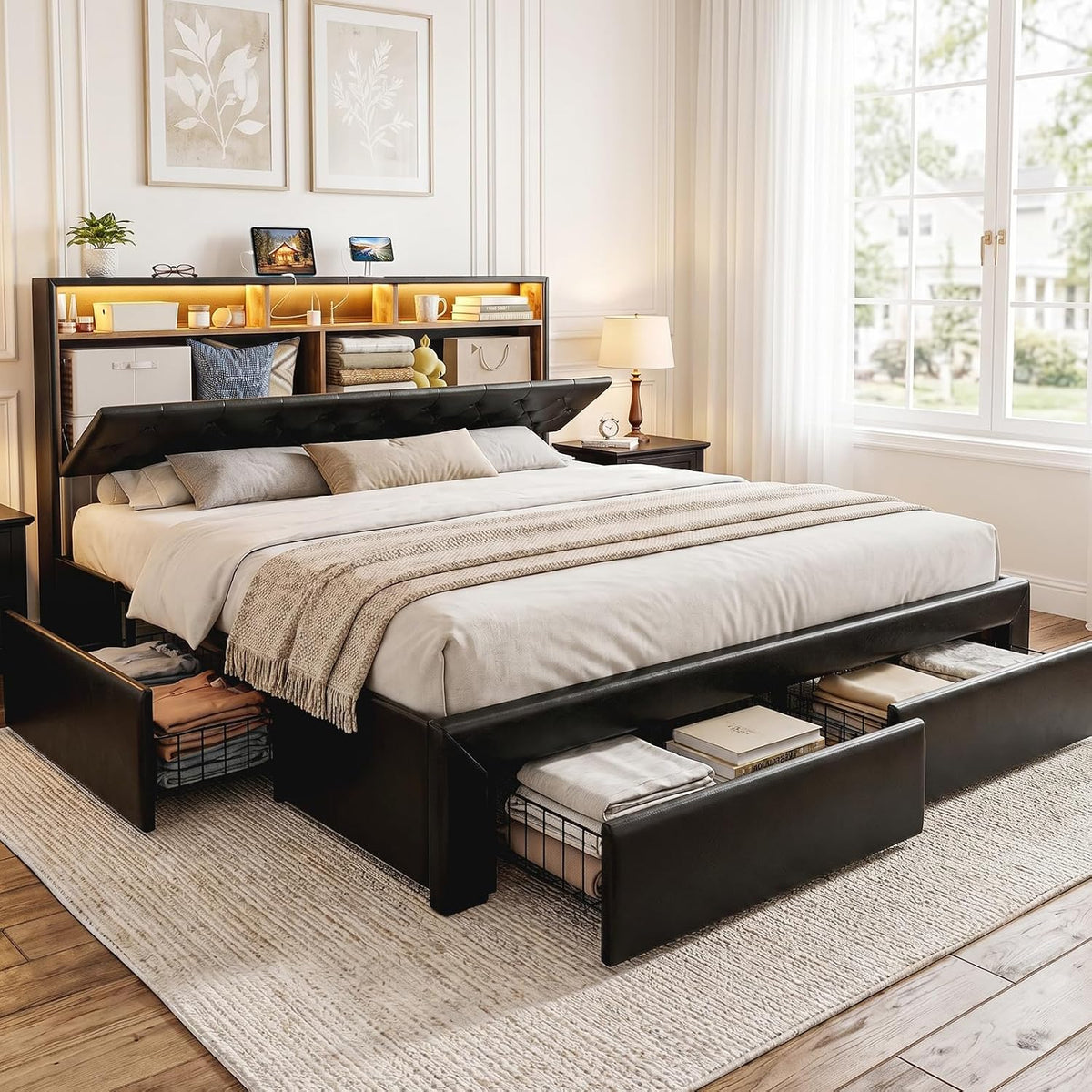 IKIFLY California King Bed Frames with 4 Drawers & Hidden Storage Headboard, Upholstered Cal King LED Platform Bed with Type-C Charging Station, No Box Spring Needed, Wood Slats, Noise Free (Black)