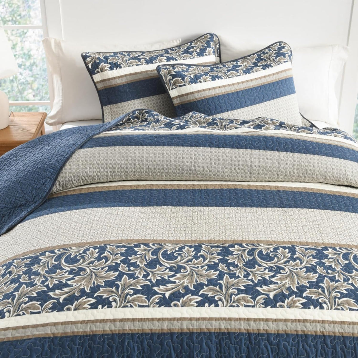 Uniclinens 100% Cotton Quilts Queen Size, Lightweight Botanical Striped Queen Quilt Bedding Set, Vintage Chic Reversible Quilted Bedspreads Coverlet Set, All Season, 3 Pieces, Navy Blue/Gray/Kharki
