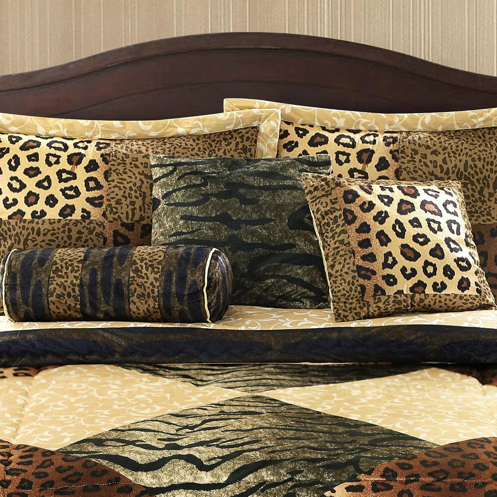 LANCO MODERN LIFESTYLE 7 Piece Queen Comforter Set, Brown Gold, Leopard Short Plush Print, African Safari Themed Bed Set for All Season, Include Comforter, Bedskirt, Pillow Shams and Decor Pillows