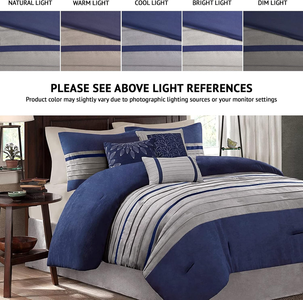 Madison Park Palmer Comforter Set-Luxury Faux Suede Design, Striped Accent, All Season Down Alternative Bedding, Matching Shams, Decorative Pillow, Bed Skirt, King (104 in x 92 in), Blue 7 Piece