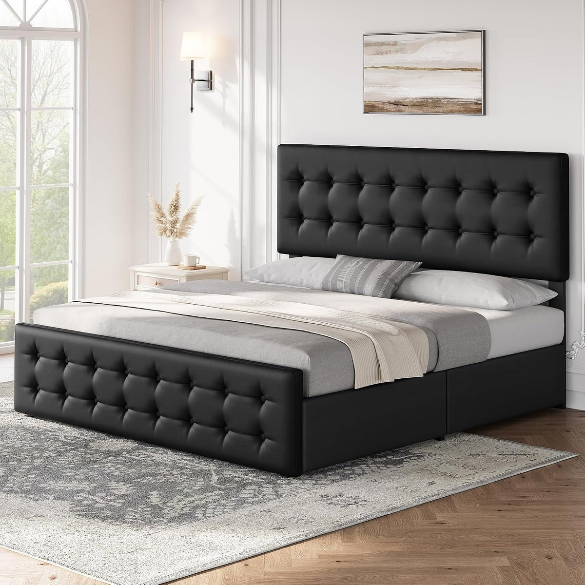 GarveeHome King Size Bed Frame with 4 Storage Drawers and Faux Leather Upholstered Headboard, Wooden Slats Support, Button Tufted Design, No Box Spring Needed, Black