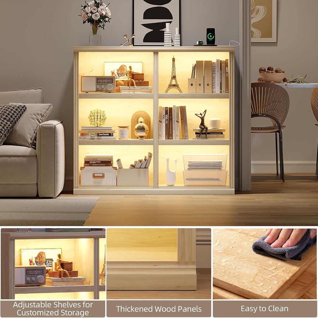 6-Cube LED Bookshelf with Motion Sensor Lights - USB Type-C Charging Module - Modern Cube Organizer Display Shelf 47.24 W x 43.31 H for Bedroom Living Room Apartment Home Office - Natural Wood
