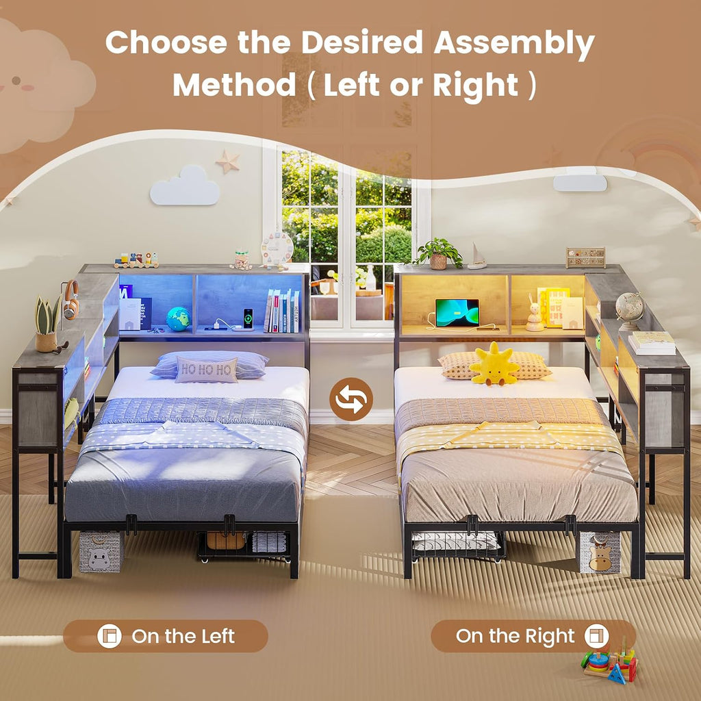 Hasuit Corner Bed Frame Twin XL with 2 Drawers and Storage Bookcase, Daybed with Charging Station and LED Lights, Metal Platform Bed with Bookshleves,Twin XL Bed Frame for Kids Teens Guests, Oak Gray