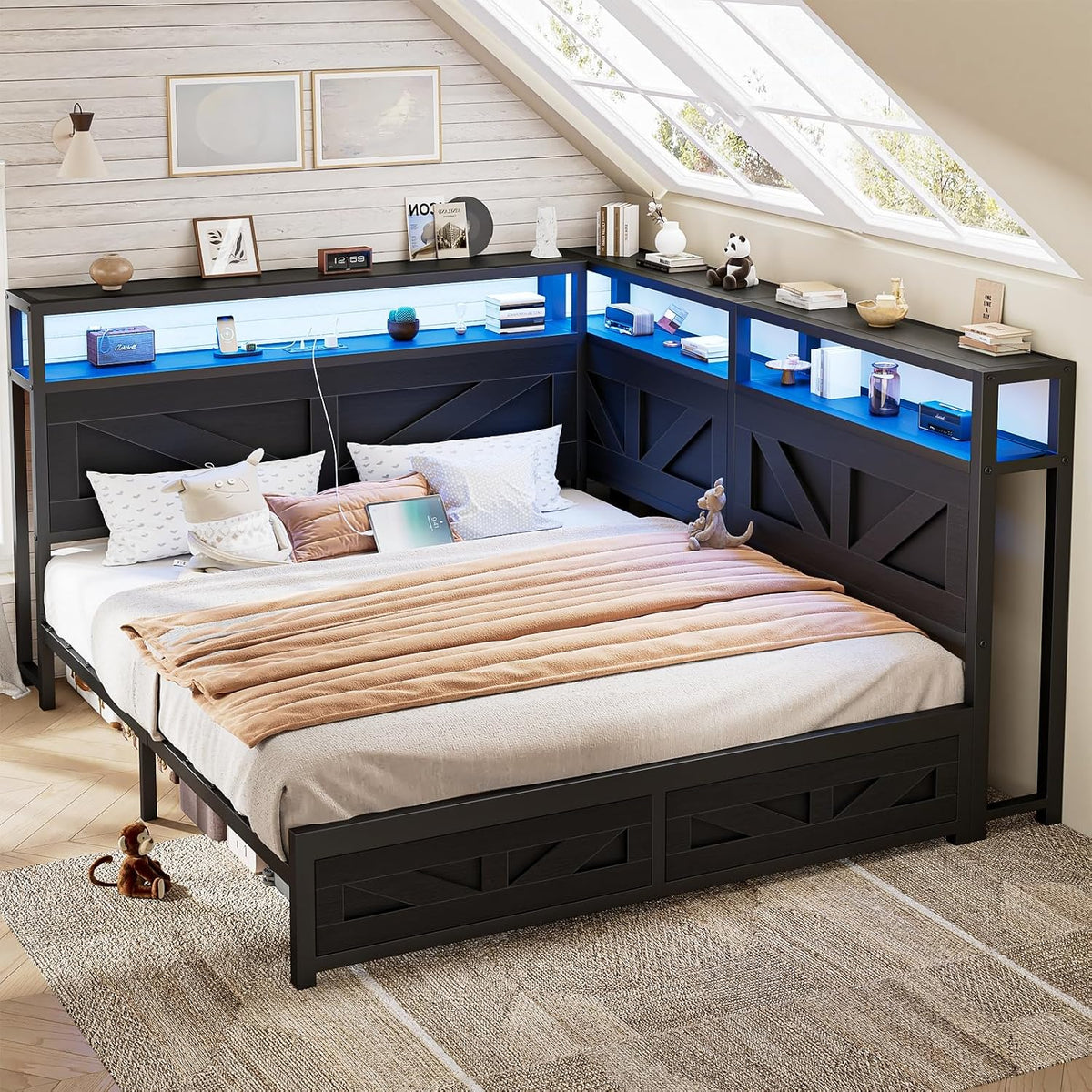 CIKUNASI Corner Full Size Bed Frame with Headboard and Storage Farmhouse Daybed Frame with LED Lights and Charging Station Metal Platform Bed Frame Full Size for Kids Corner Bed