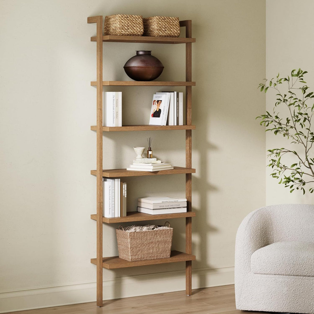Nathan James Beacon Scandinavian 6-Shelf Wooden Wall Mounted Bookcase, Rustic Solid Wood Bookshelf, Light Brown