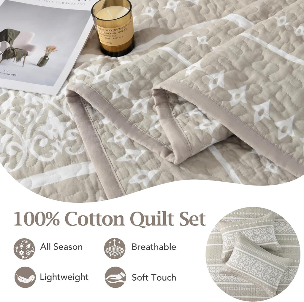 Boho Quilt Set - Boho Striped Quilt Set, 100% Cotton Bohemian Bedspread Set, Lightweight Quilt Bedding Set All Season Coverlet Set, Oatmeal Gray/White,King (106''W × 98''L)