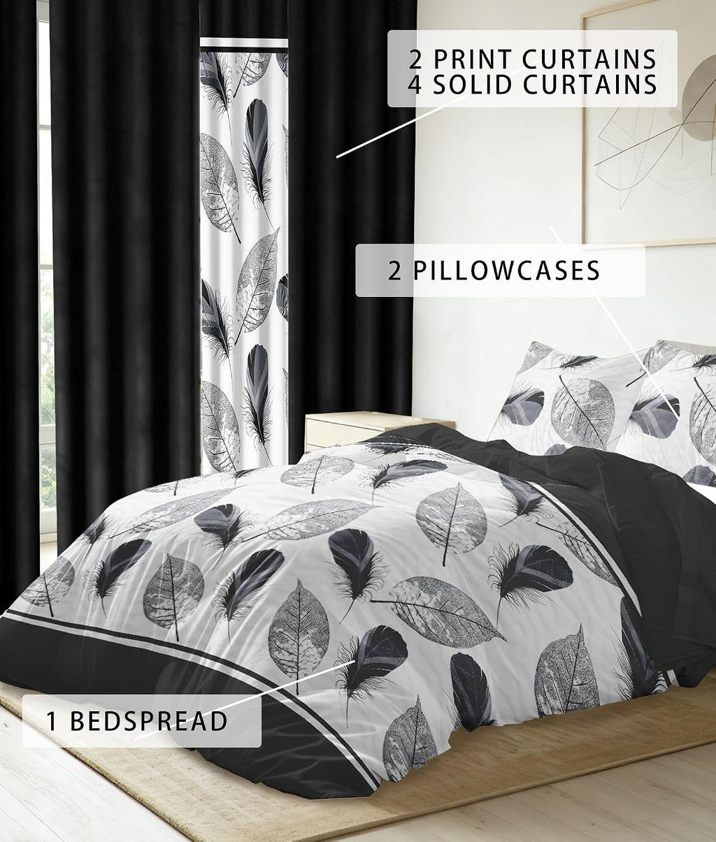 9 pcs King Bed in a Bag with Curtains | Bedspread, Pillowcases, Print & Solid Curtains | Microfiber Monochrome Nature | Fade-Resistant, Easy Care | Comforter Sets with Matching Curtains
