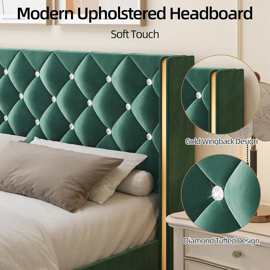 HOMBCK King Size Bed Frame with Headboard, Upholstered Platform Bed with Wingback Design, Modern Diamond Bed Frame with Tufted Deep Button, No Box Spring Needed, Easy Assembly, Green