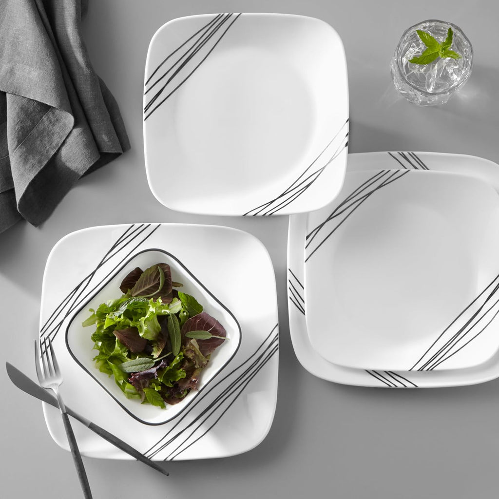 Corelle Vitrelle 18-Piece Service for 6 Dinnerware Set Triple Layer Glass and Chip Resistant, Lightweight Square Plates and Bowls Set, Simple Sketch