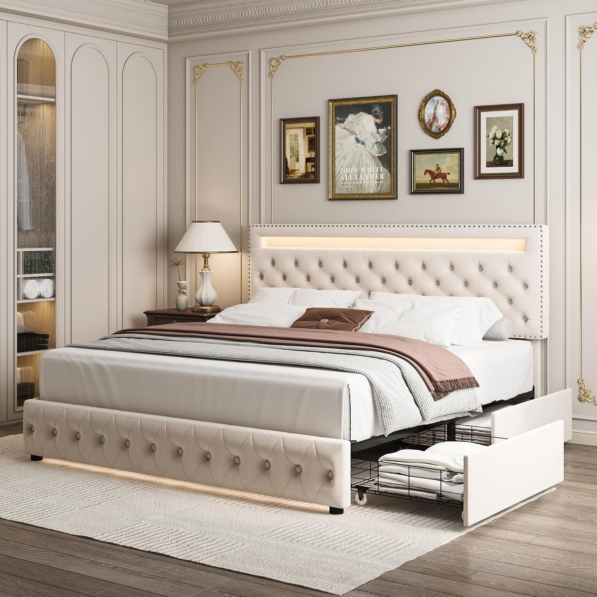 King LED Bed Frame with 4 Drawers, Platform Bed with Headboard, Adjustable Upholstered Diamond Headboard and Frame, No Box Spring Needed, Wooden Slats Support,Velvet Cream