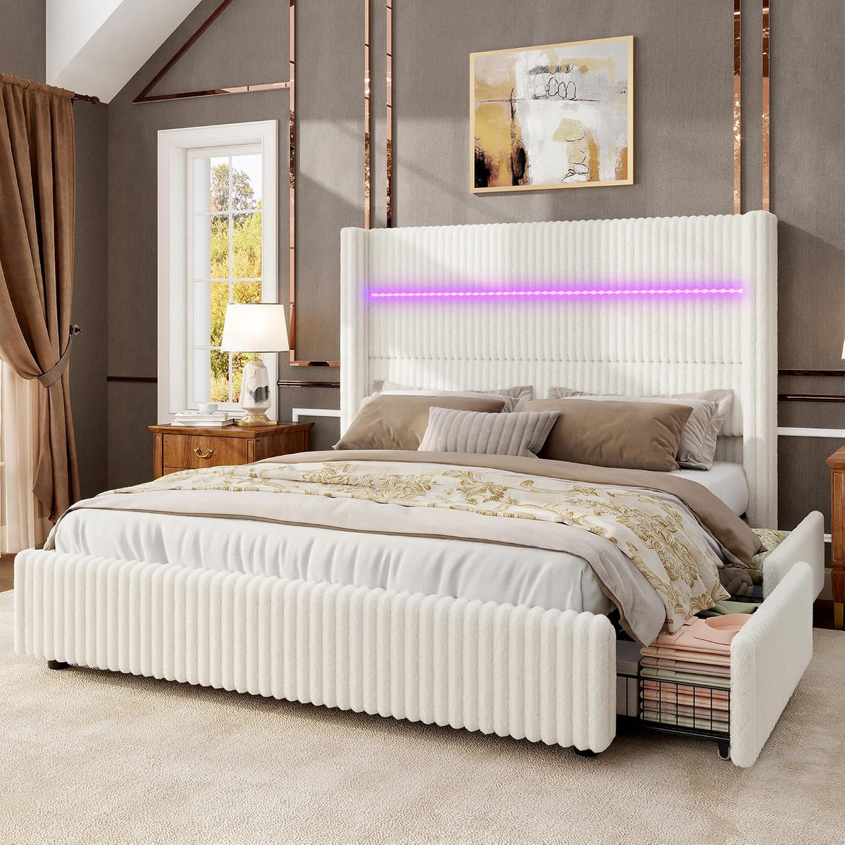Jocisland King Size Corduroy Upholstered Bed Frame with 4 Storage Drawers & 51.2' Tall Wingback Headboard, LED Platform Bed with Charging Station, Easy Assembly, No Box Spring Needed, White