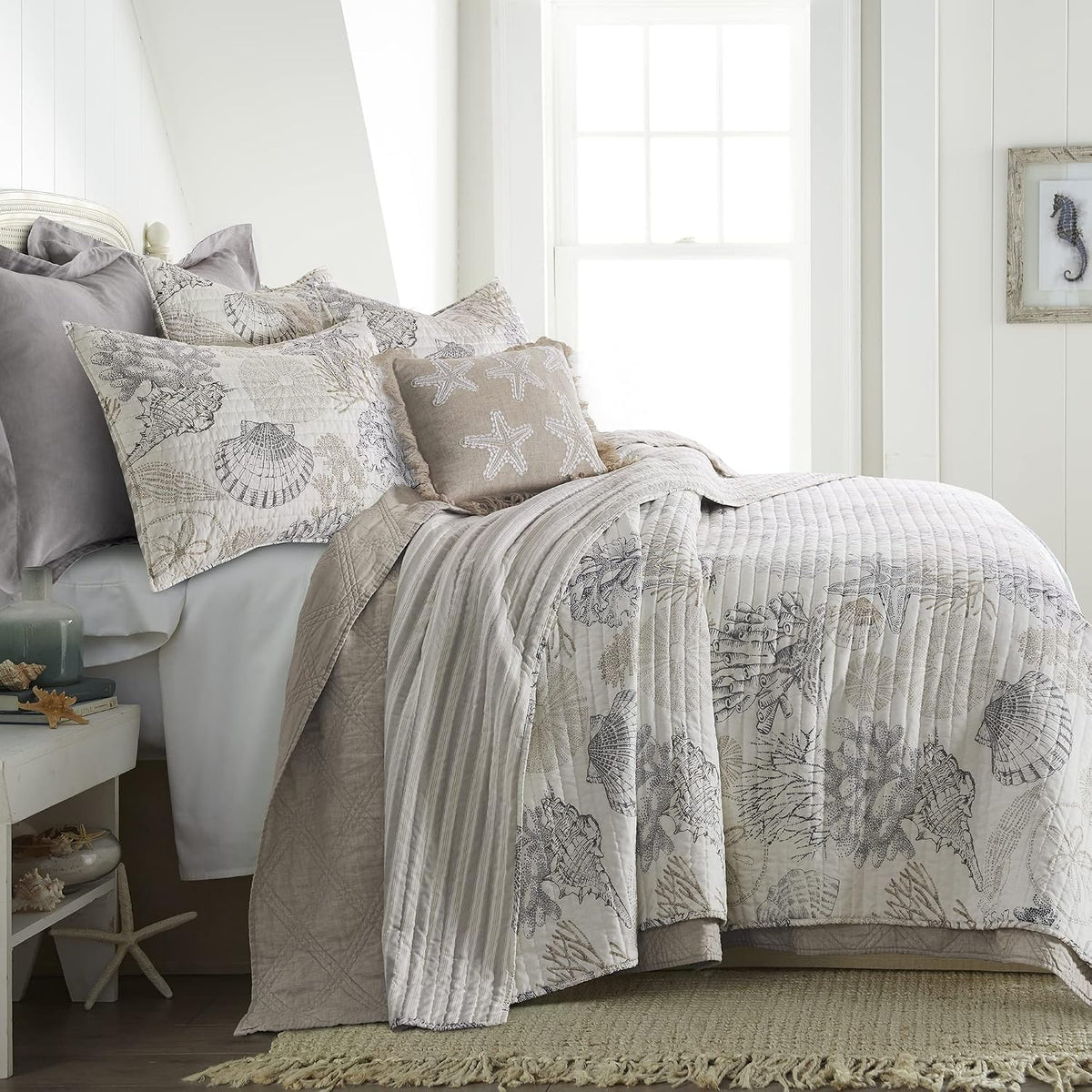 Levtex Home - Caspian Sea Neutral Quilt Set - King/Cal King Quilt (106x92in.) + Two King Pillow Shams (36x20in.) - Coastal - Taupe, Cream, Grey - Reversible - Cotton Fabric