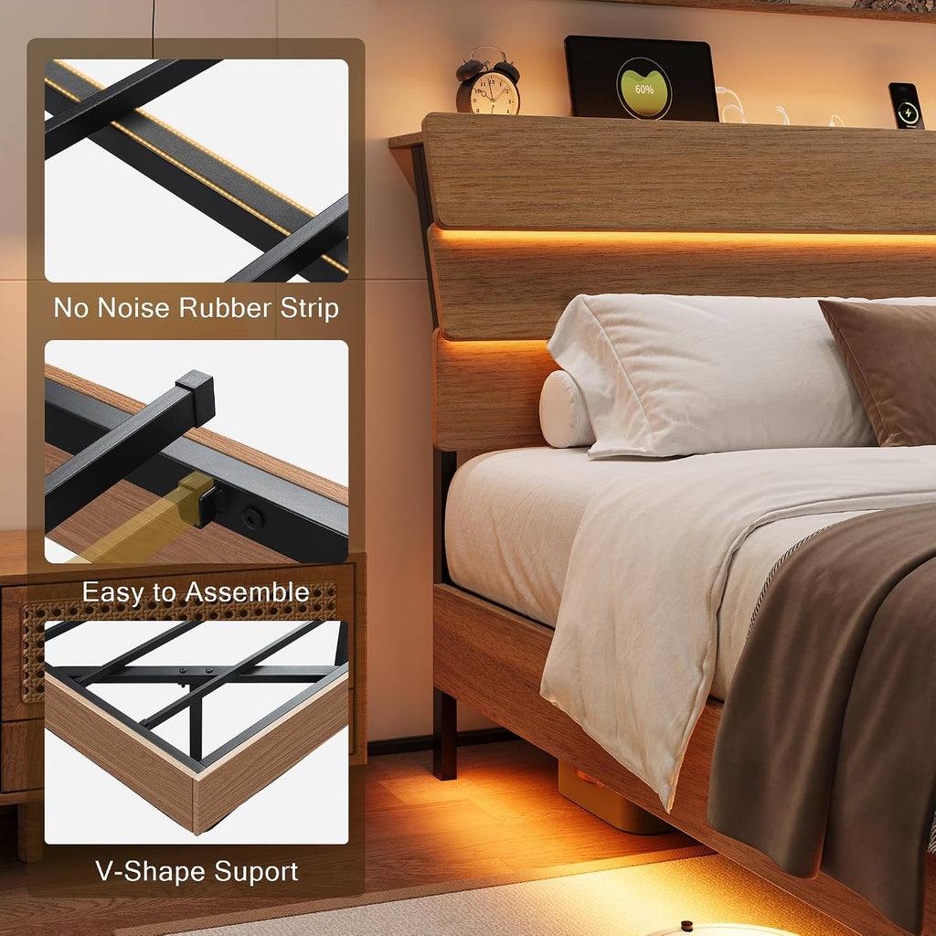 Einhomn Bed Frame Queen Size with Charging Station, Led Bed Frame with Wood Storage Headboard, Heavy Duty Metal Slats, No Box Spring Needed, Noise Free, Easy Assembly, Walnut