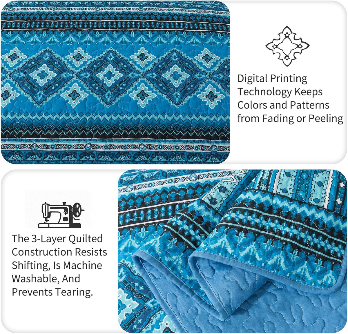 TWINRUN Cotton Quilts California King Size Set, 3 Pieces California King Quilt Bedding Set (108 x 118 Inch), Lightweight Boho Oversized King Size Bedspread, Blue Stripes Cotton Quilts for All Seasons