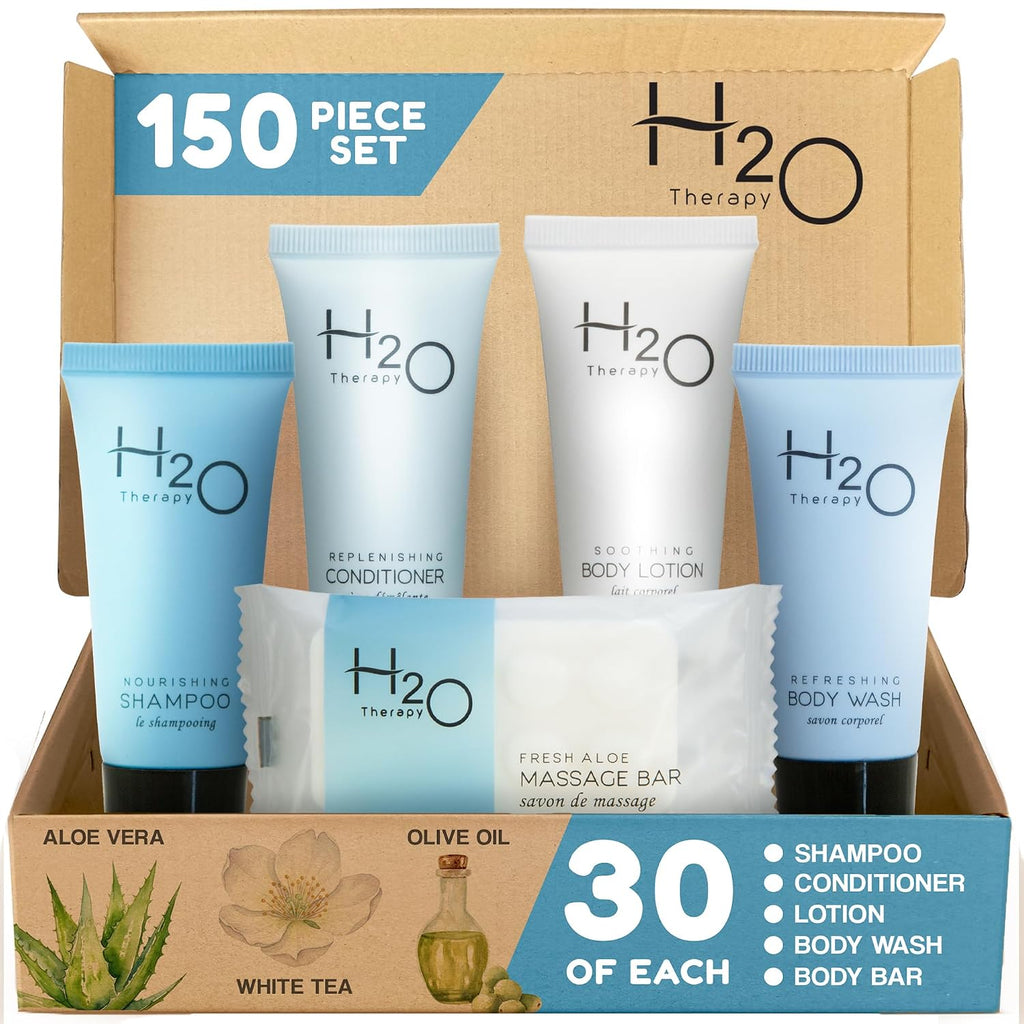 H2O Therapy Hotel Soaps & Toiletries Bulk Set | 1-Shoppe Amenities Kit | 0.85oz Shampoo & Conditioner, Body Wash, Lotion, 1oz Bar Soap | Travel Size | 150 Pieces | Bulk Set