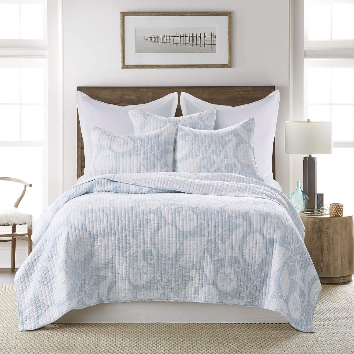 Levtex Home - Stillwater Quilt Set - Full/Queen Quilt and Two Standard Shams - Coastal - Blue and White - Quilt (88x92in.) and Shams (20x26in.) - Reversible - Cotton