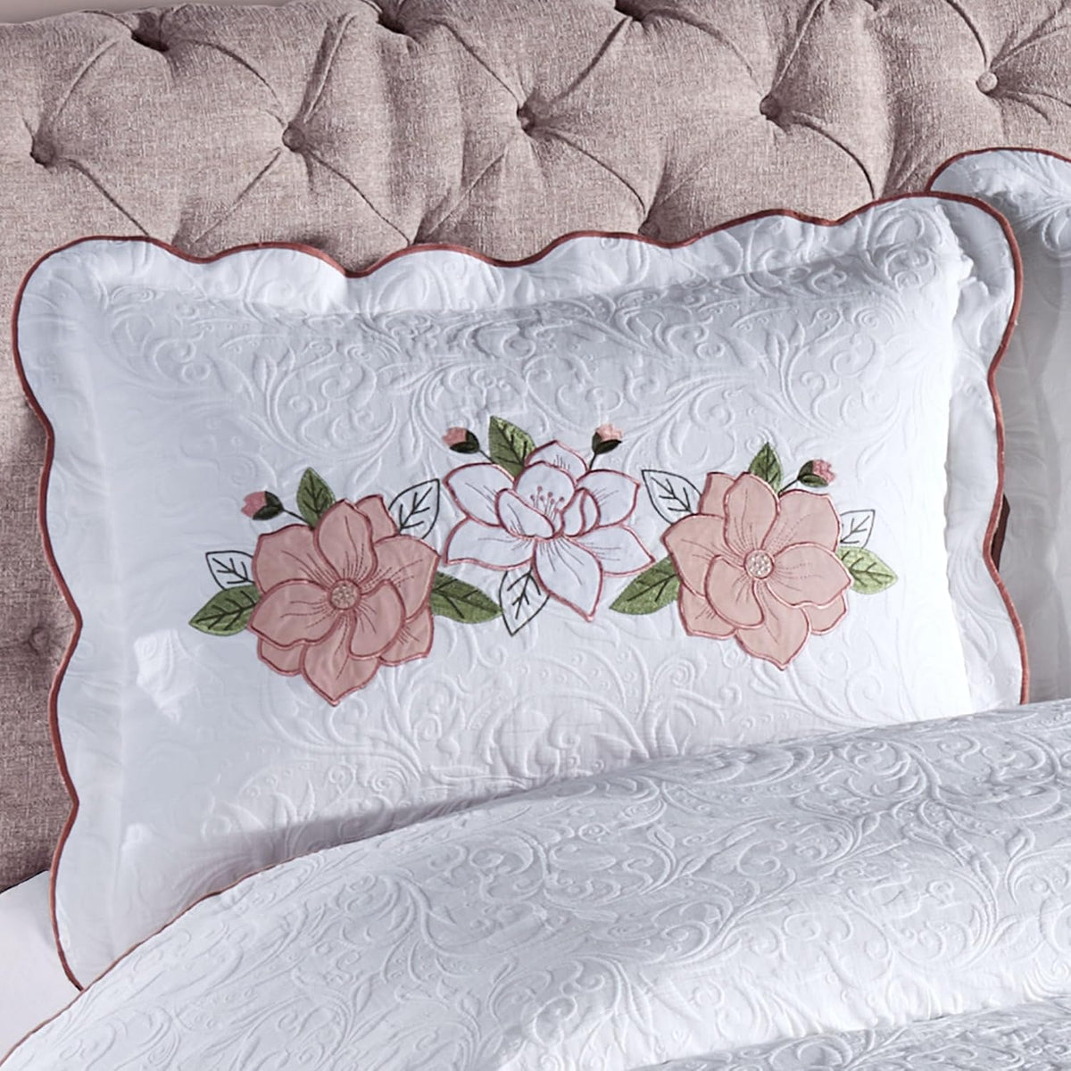 Lovington Floral Luxury Matelasse Bedding | Rose Pink and White Velvet Flower Embroidery Applique | 4-Pc Textured Scrollwork Lightweight Bed Set: Oversized Queen Coverlet, Bedskirt, & 2 Standard Shams