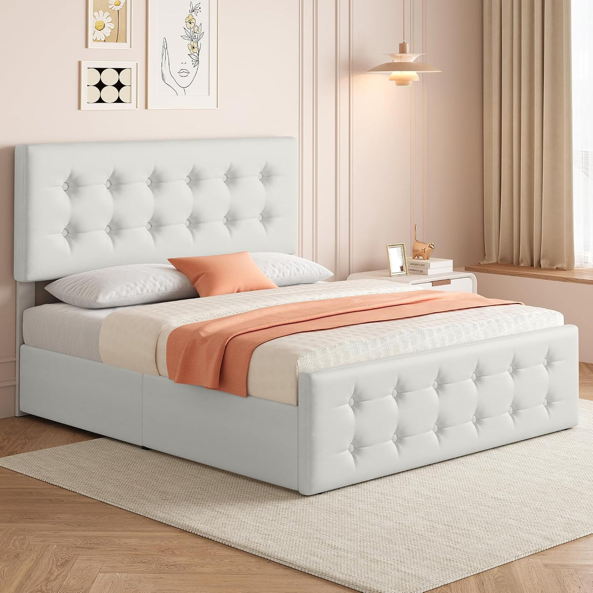 GarveeHome Full Size Bed Frame with 4 Storage Drawers and Headboard, Faux Leather Upholstered Platform Bed Frame with Wooden Slats Support, Button Tufted Design, No Box Spring Needed, Beige