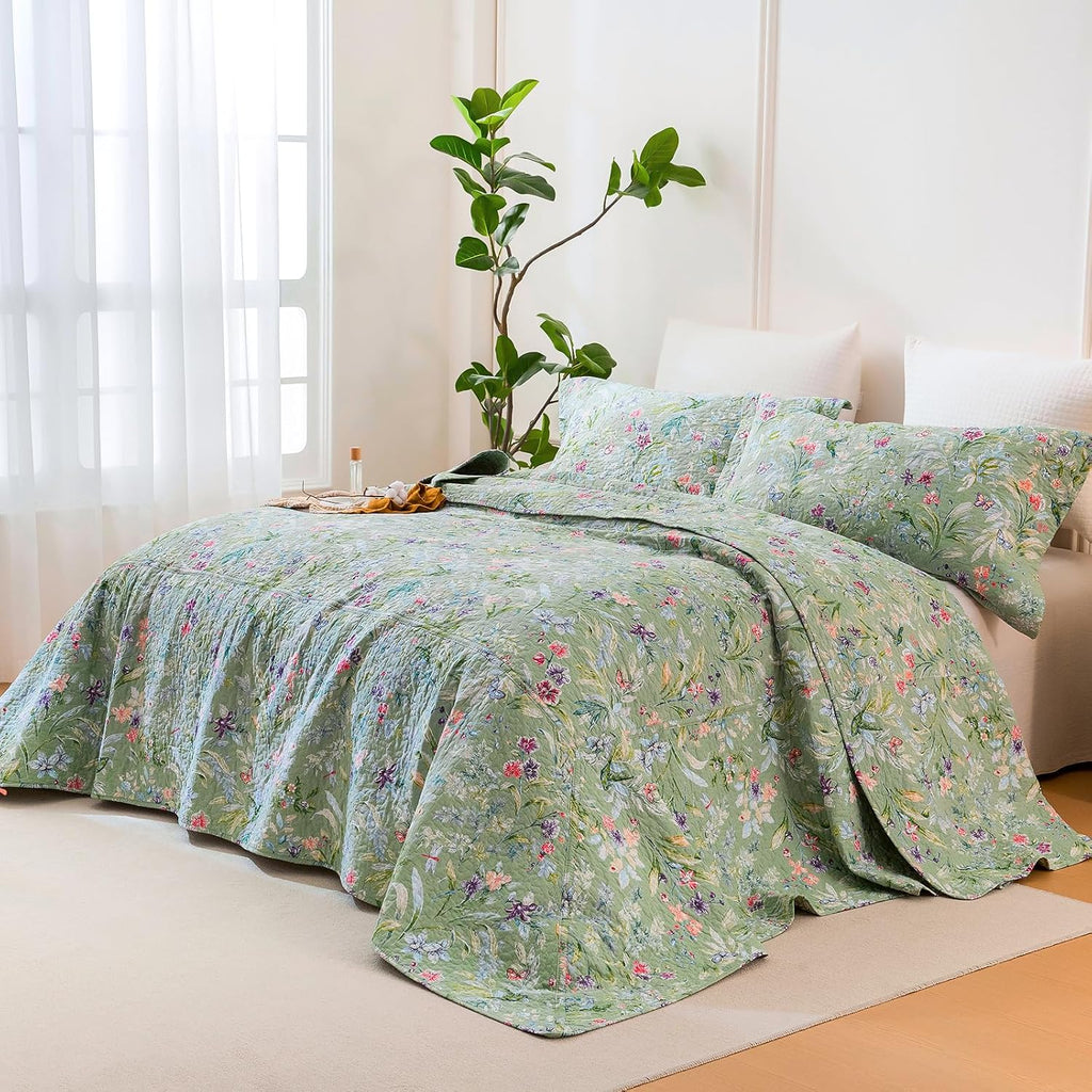 Lady Ann Oversized Cal King Bedspreads 120x120 for Extra Bed, Green Flower Bird Butterfly Print Botanical Bedding, Lightweight 100% Cotton Quilted Coverlet Set with Pillow Shams for All Season, 3 PCS