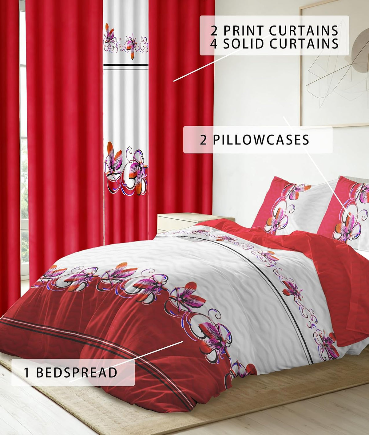 9 Pcs Cal King Bed in a Bag with Curtains | Red Boho Butterfly Bedspread, Pillowcases, Print & Solid Curtains | Microfiber, Moisture-Wicking | Bedspread and Curtain Sets | RV & Outdoor Ready