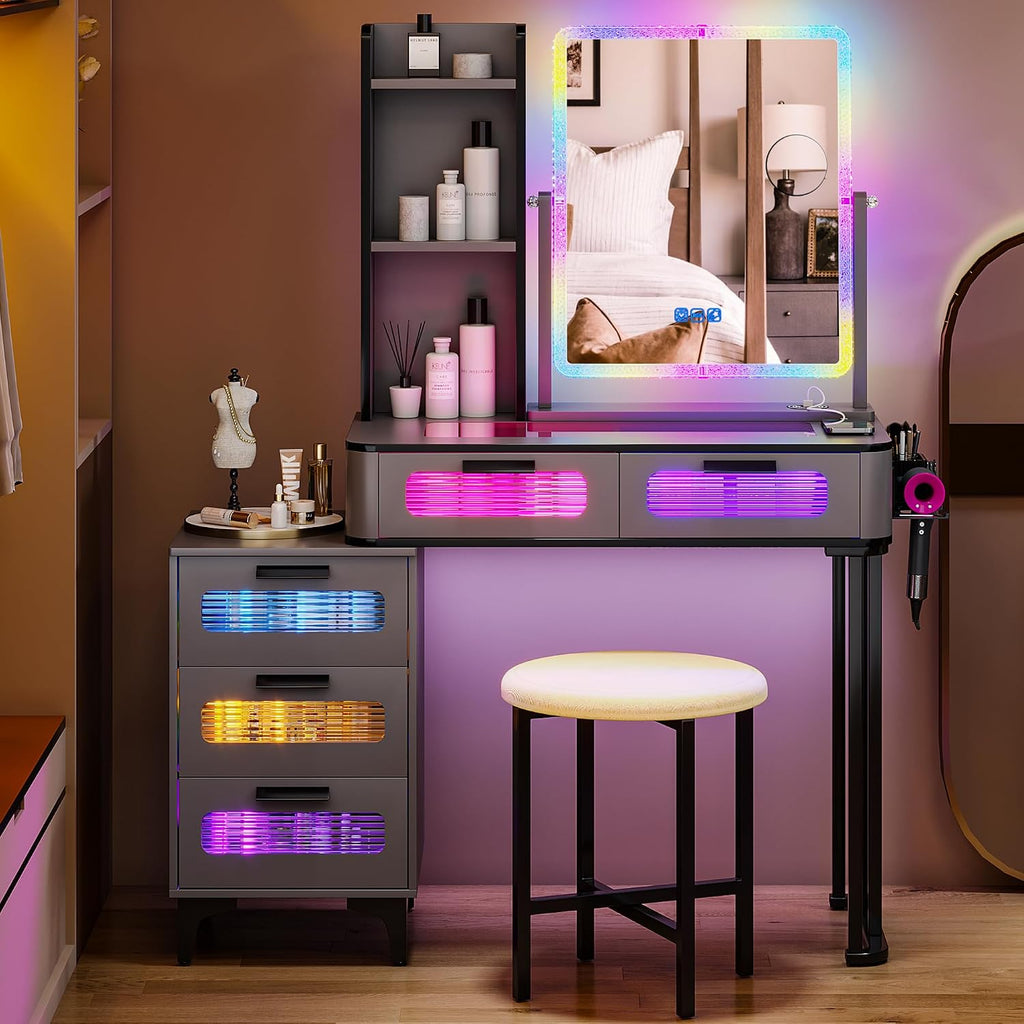 Gurexl RGB Makeup Vanity Desk with Mirror and Lights, Modern Vanity Set with Chair, LED Dressing Table with 6 Drawers and Charing Station for Bedroom, Gift for Girls
