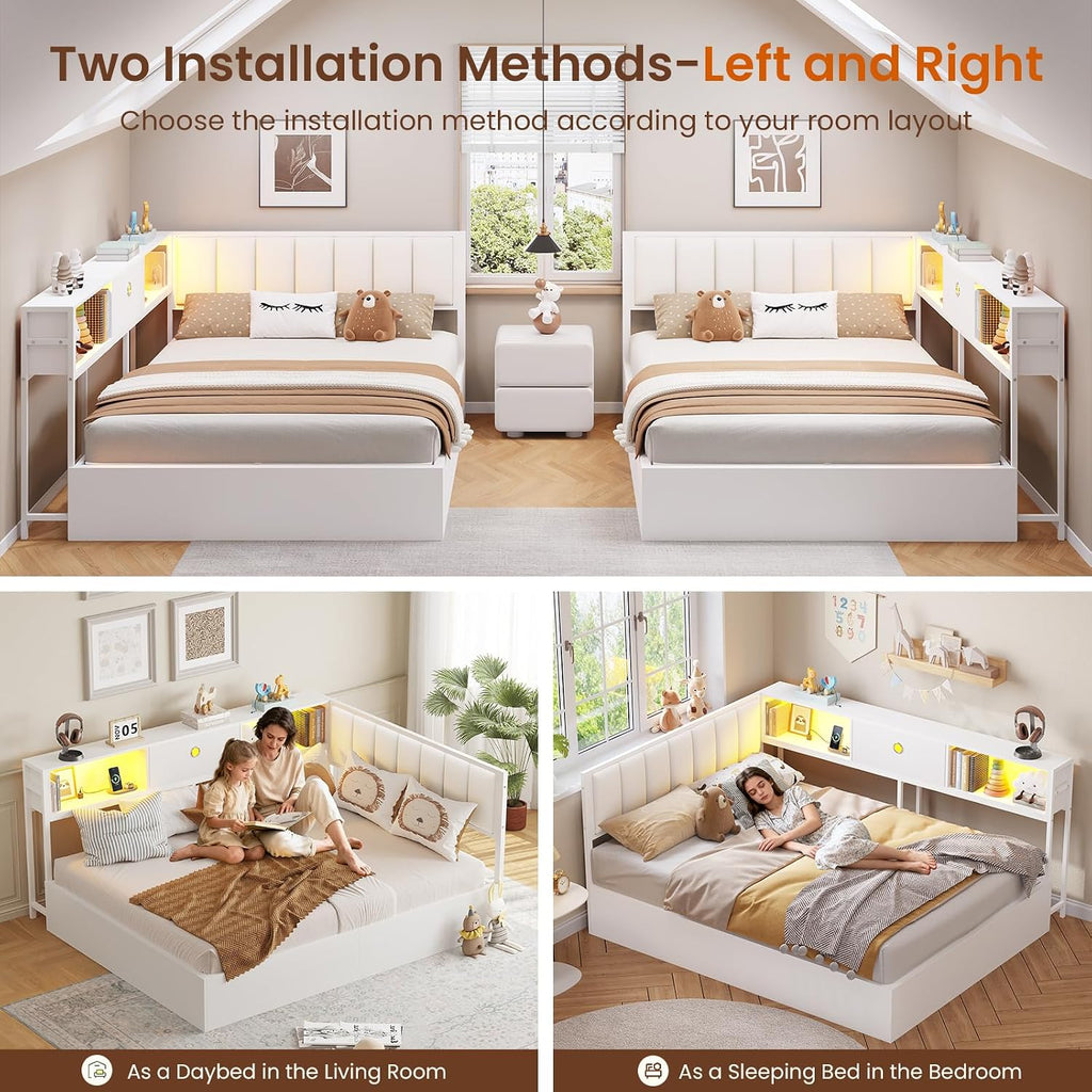 DICTAC Corner Full Bed Frame with Hydraulic Storage,Charging Station & Led Lights Corner Lift up Bed with Storage Drawers & Upholstered Headboard & Bookcase,Full Size Daybed for Teen/Adult,White